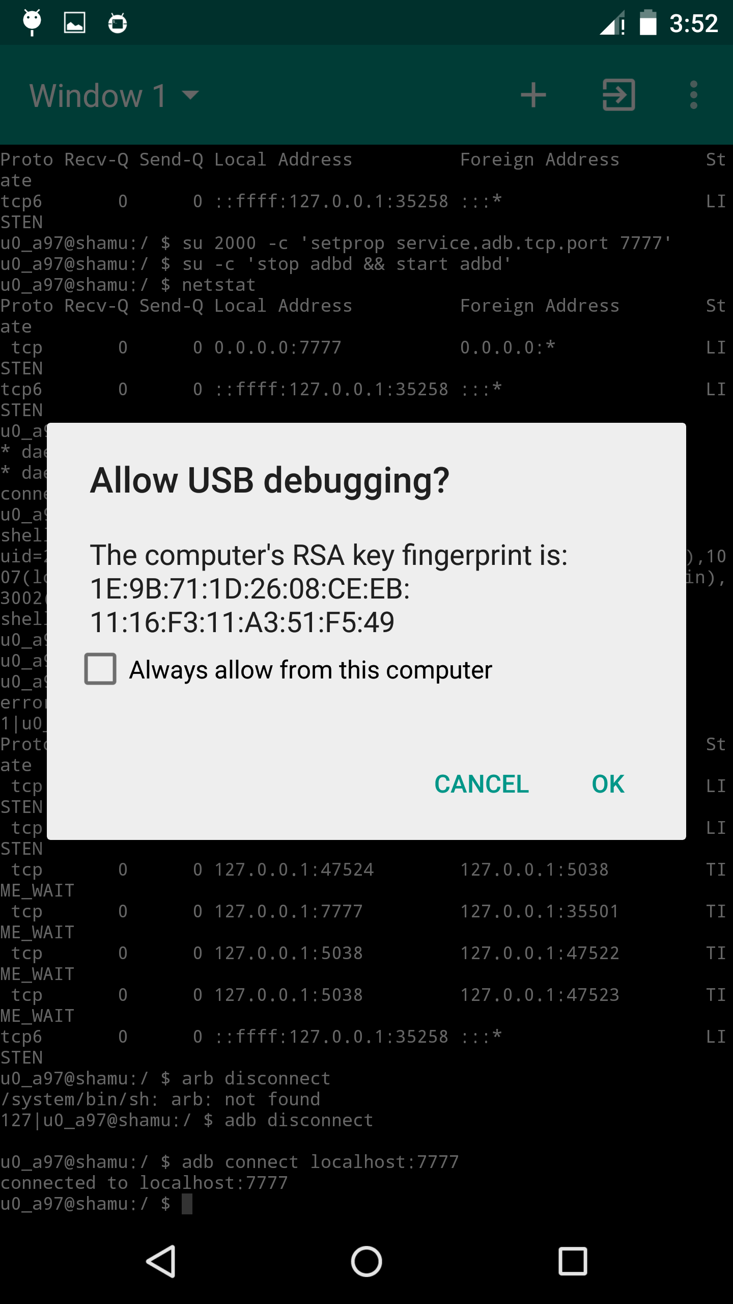 5.1 lollipop Run adb command inside the terminal emulator or