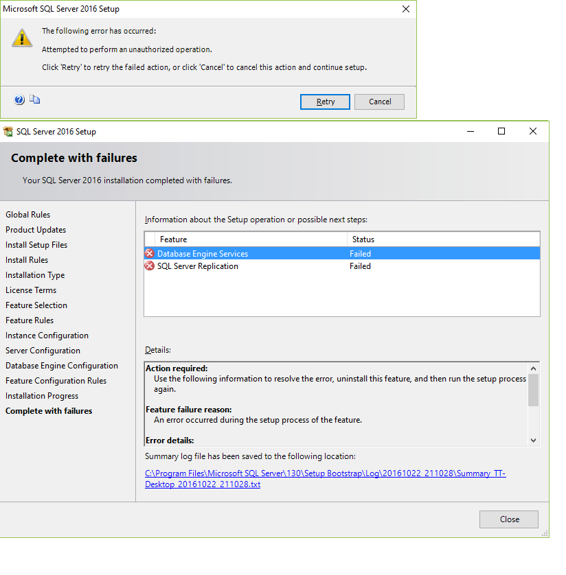 windows 10 SQL Server 2016 express install error attempted to
