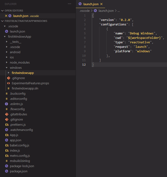 First React Native Windows App Running Debug in VSCode