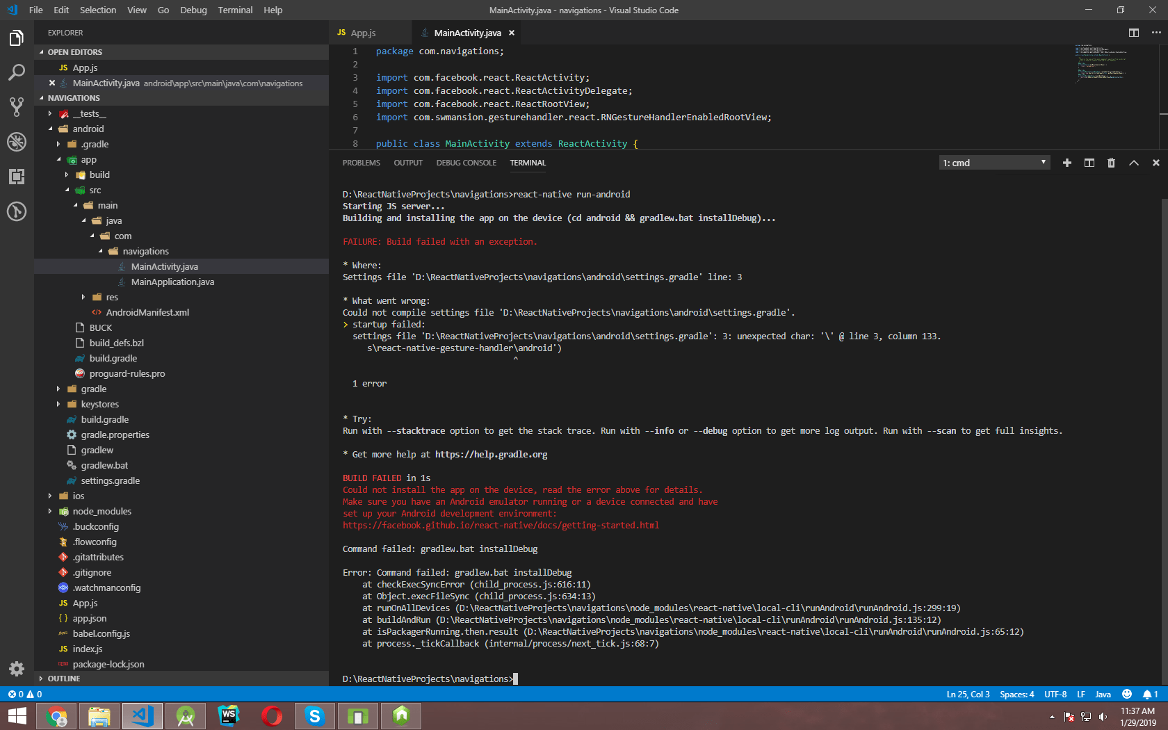 Command Failed gradlew.bat installDebug error whenever