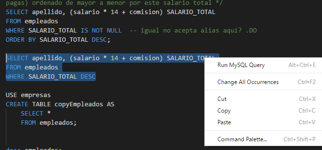sql Writing many MySQL (in vsCode) queries in one file