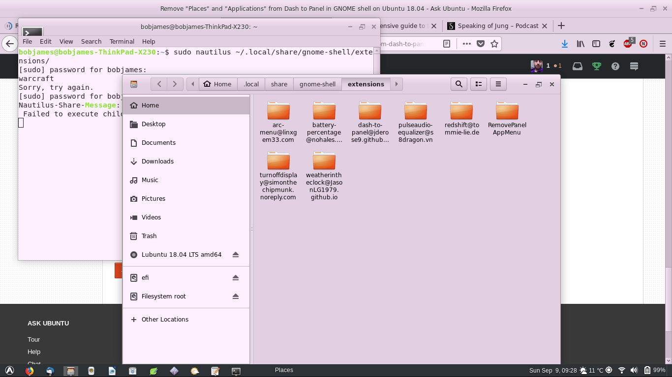 Remove "Places" and "Applications" from Dash to Panel in GNOME shell on