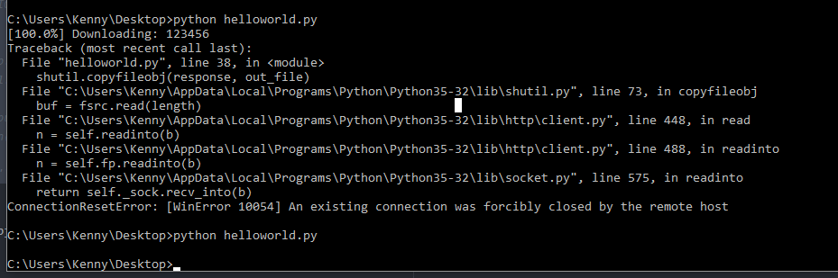 python ConnectionResetError An existing connection was forcibly