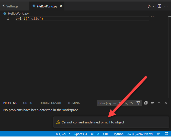 python VS Code will not debug or run any code. Throws error "Cannot