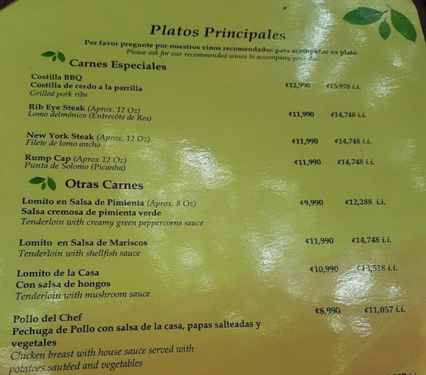food and drink What does i.i stand for in a menu in Costa Rica