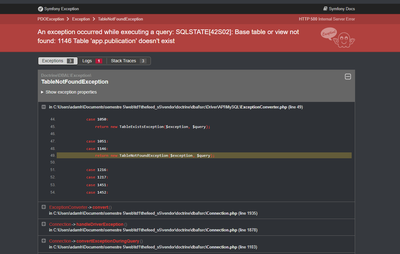 php SQLSTATE[42S02] Base table or view not found 1146 Table 'app