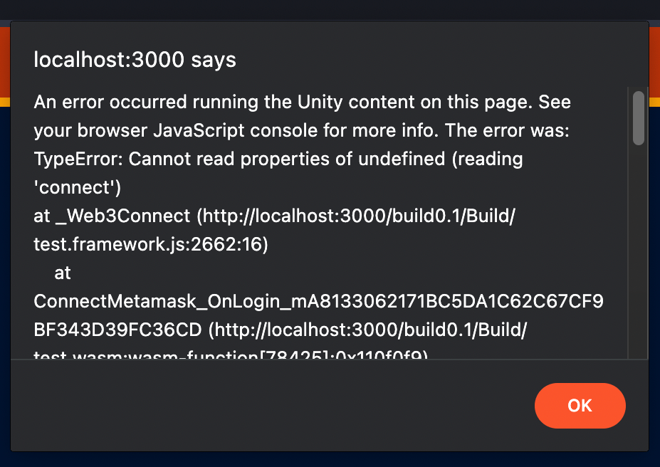 javascript Error when trying to connect Metamask to Unity Stack