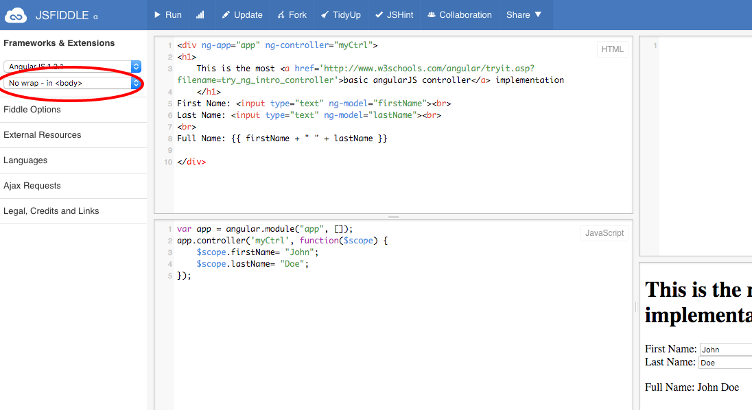 javascript AngularJS controller not executing in jsFiddle Stack
