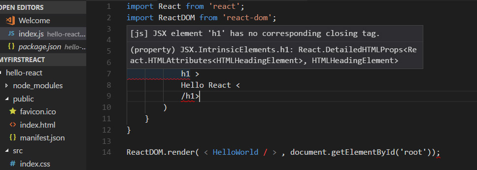 reactjs JSX element 'h1' has no corresponding closing tag Stack