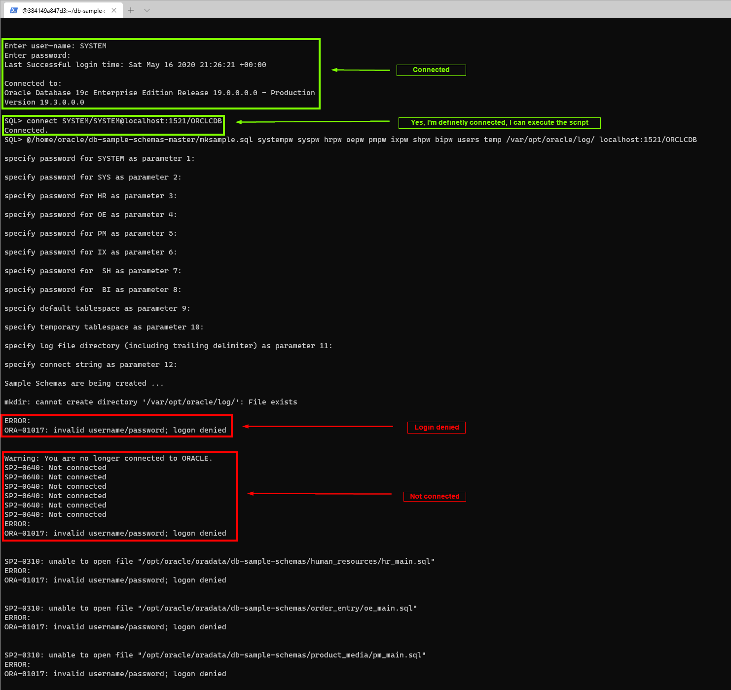 Oracle on Docker Warning You are no longer connected to ORACLE. SP2