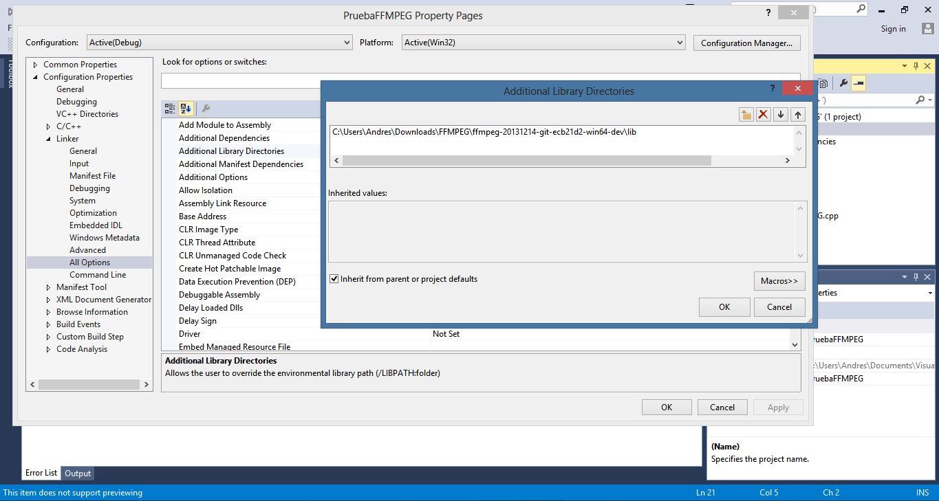 Linker error using FFMPEG with Visual Studio 2013 Express Stack Overflow