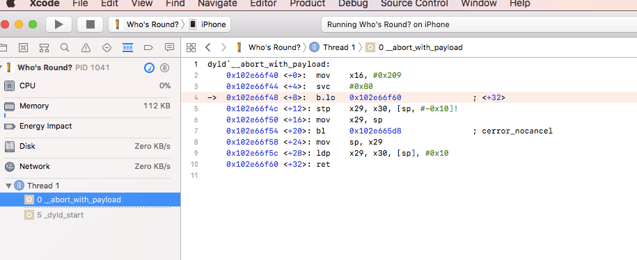 ios App working on simulator but not on iPhone( dyld`__abort_with