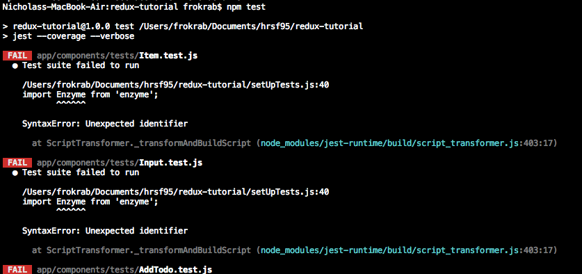 javascript Jest encountered an unexpected token SyntaxError
