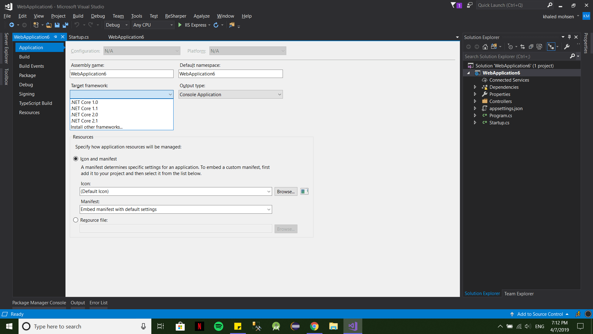 windows 10 visual studio 2017 core 2.2 in target framework not