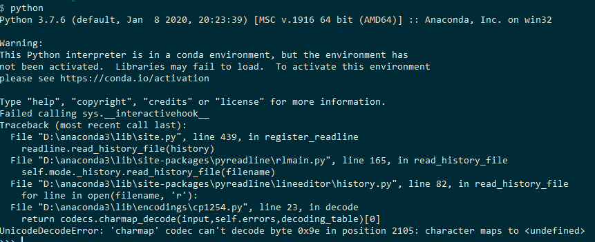 python Anaconda unicode error at prompt. UnicodeDecodeError 'charmap' codec can't decode byte