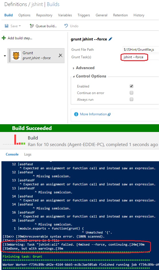 build Email alert for grunt jshint output in Visual Studio Team