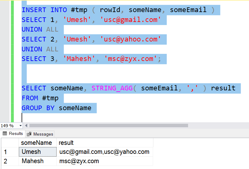 Select Column Values as Comma Separated String in azure synapse sql