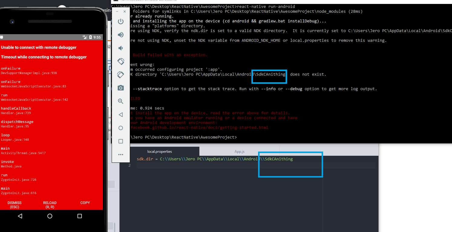 android adb not found al ejecutar AwesomeProject React Native Stack
