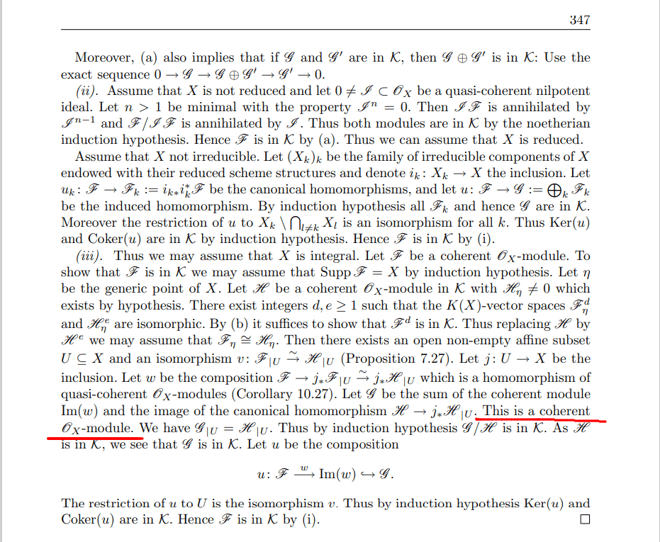 Coherence of some sheaf in the proof of the Lemma de dévissage (Gortz's