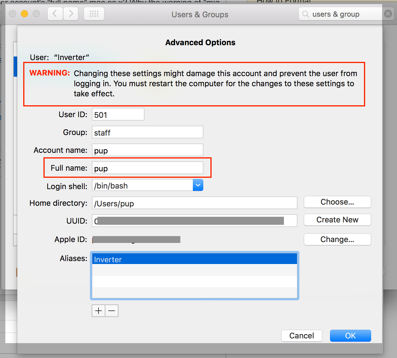 macos What is the risk of changing my user account's