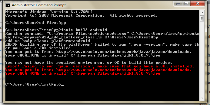 Ionic failed to build for Android, JAVA_HOME invalid, failed to run