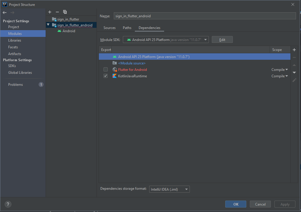 how to fix the error "invalid item 'Flutter for Android' in the