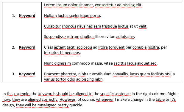 How to properly align text between table columns in Microsoft Word