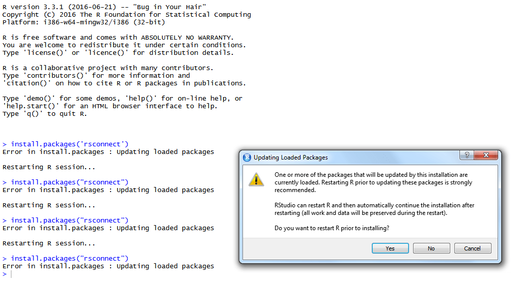 R keeps prompting to restart for installation Stack Overflow