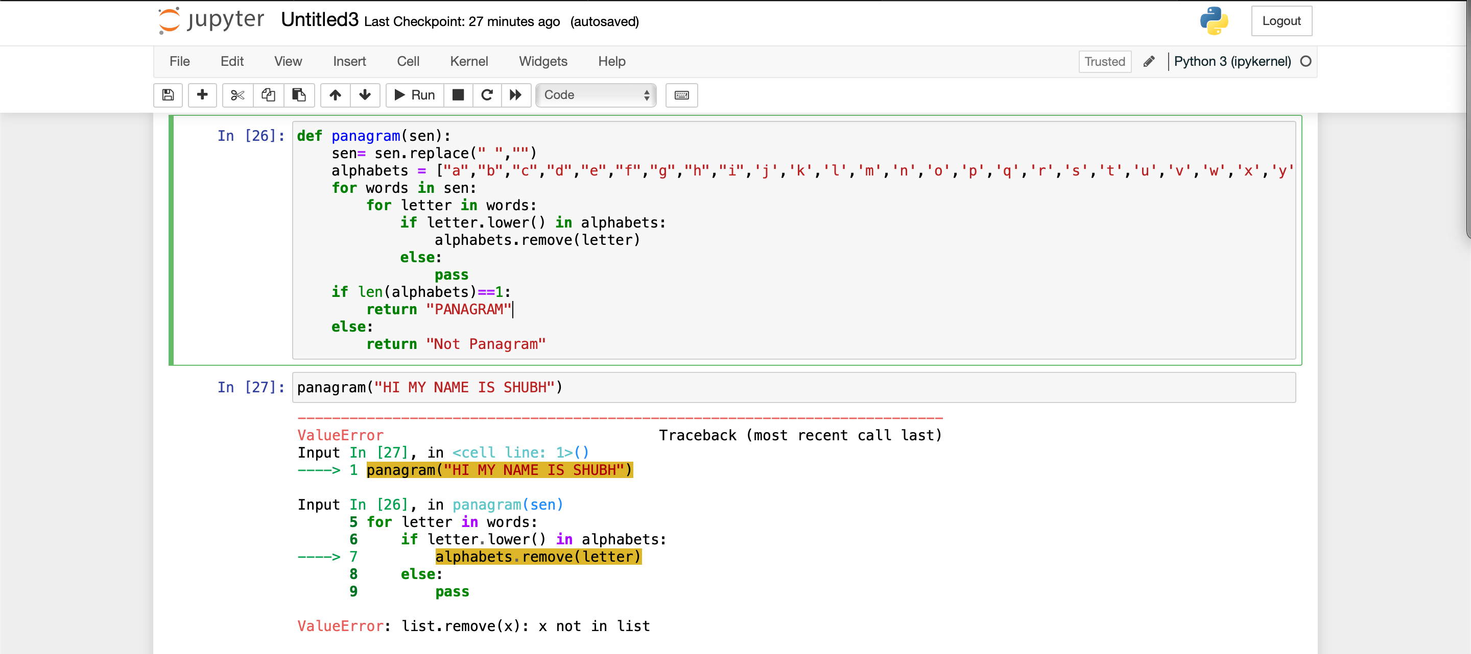 python I wanted to make a function of pangram Stack Overflow