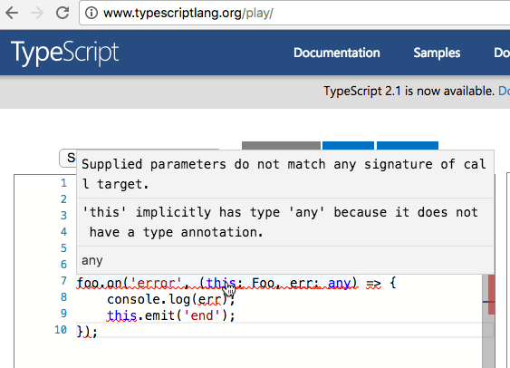 typescript 'this' implicitly has type 'any' because it does not have a type annotation Stack