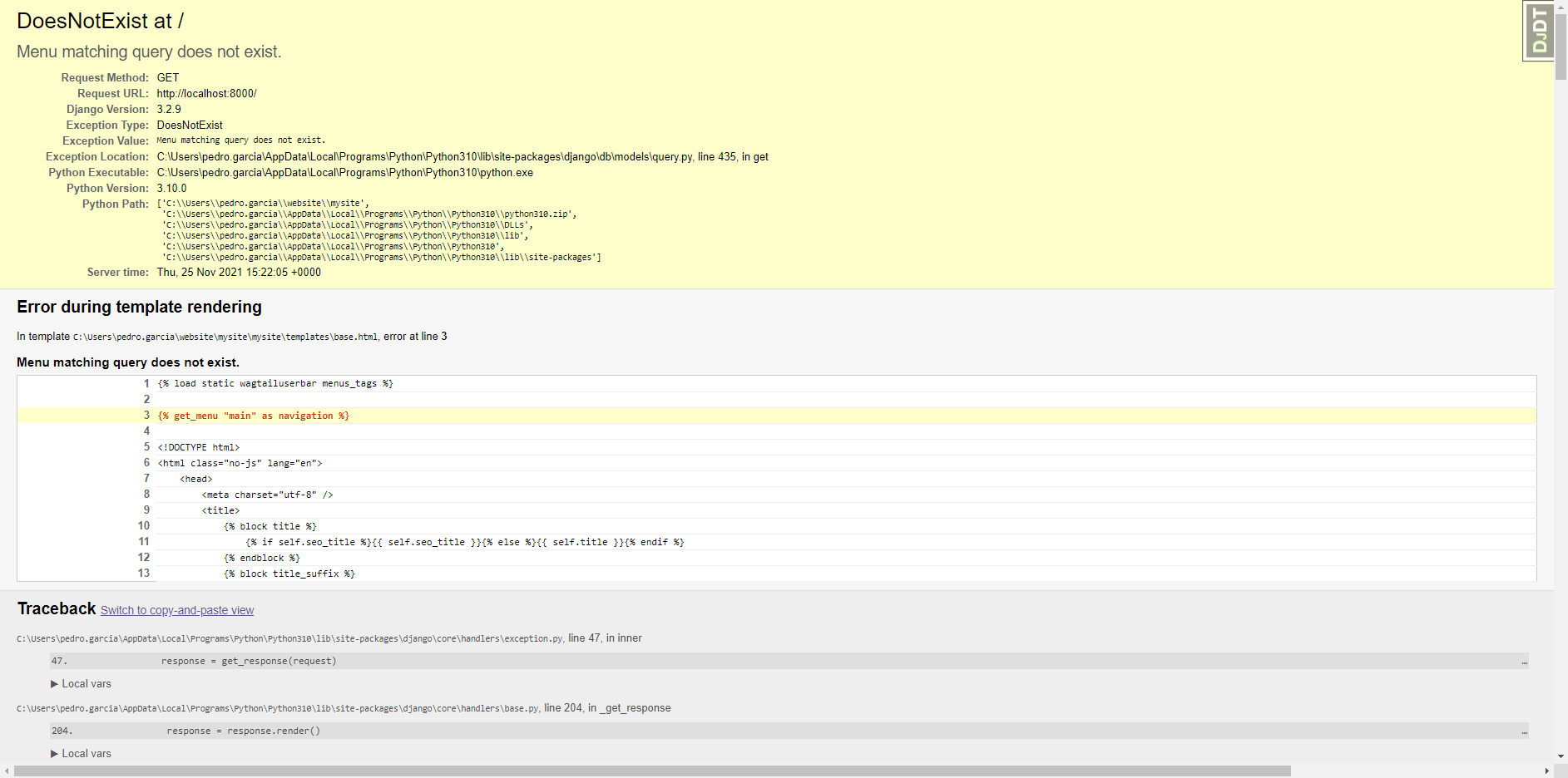 python Error "DoesNotExist at / Menu matching query does not exist