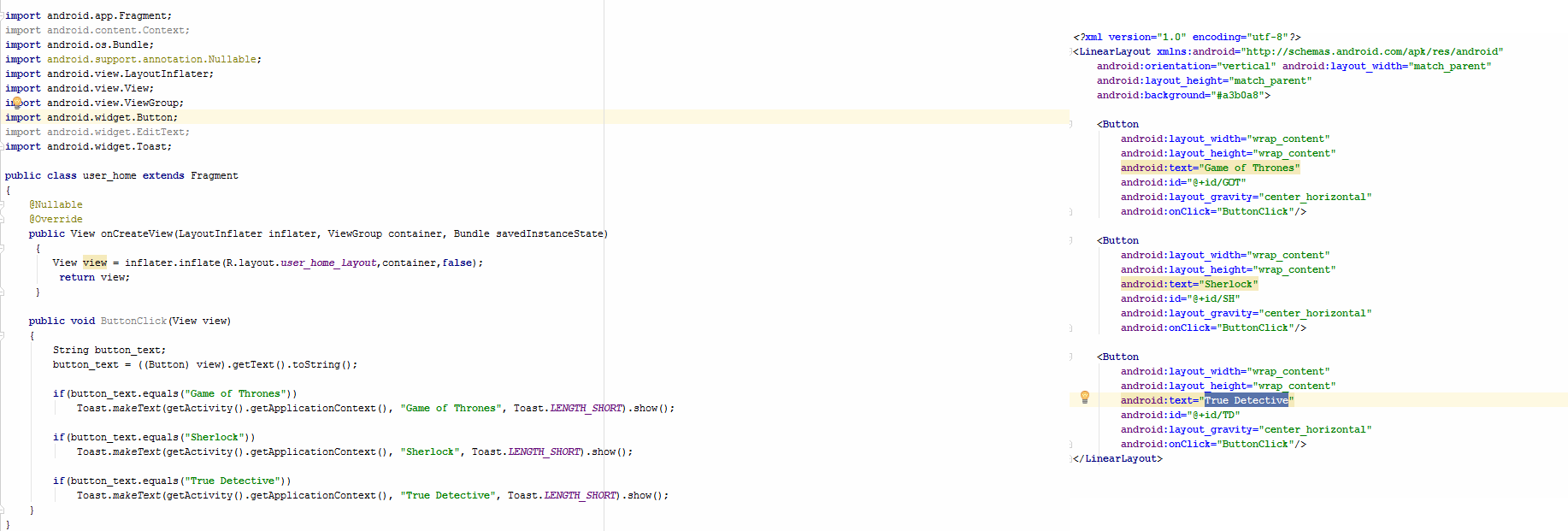 android How to display a toast message on clicking a button in a