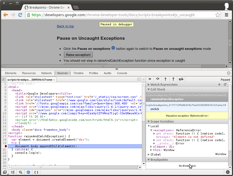 How to view the current exception when breaking on exceptions in Chrome? Stack Overflow