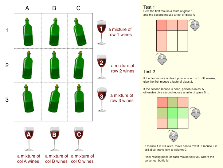 logical deduction Nine Bottles of Wine, One Poisoned, Two Mice, Two