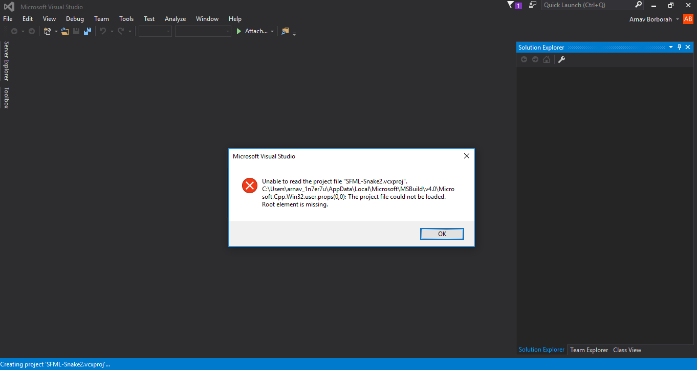 c++ WIN32 Application Solution Error The Project File Could Not be
