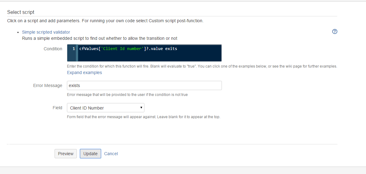 Jira custom script validator check if input textbox exists Stack