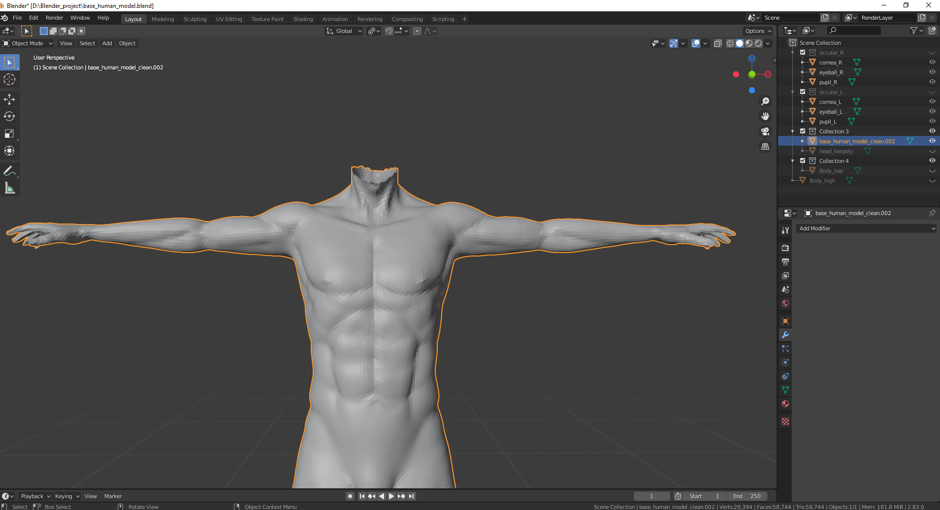 Character mesh low poly in object mode and high poly in sculpt mode
