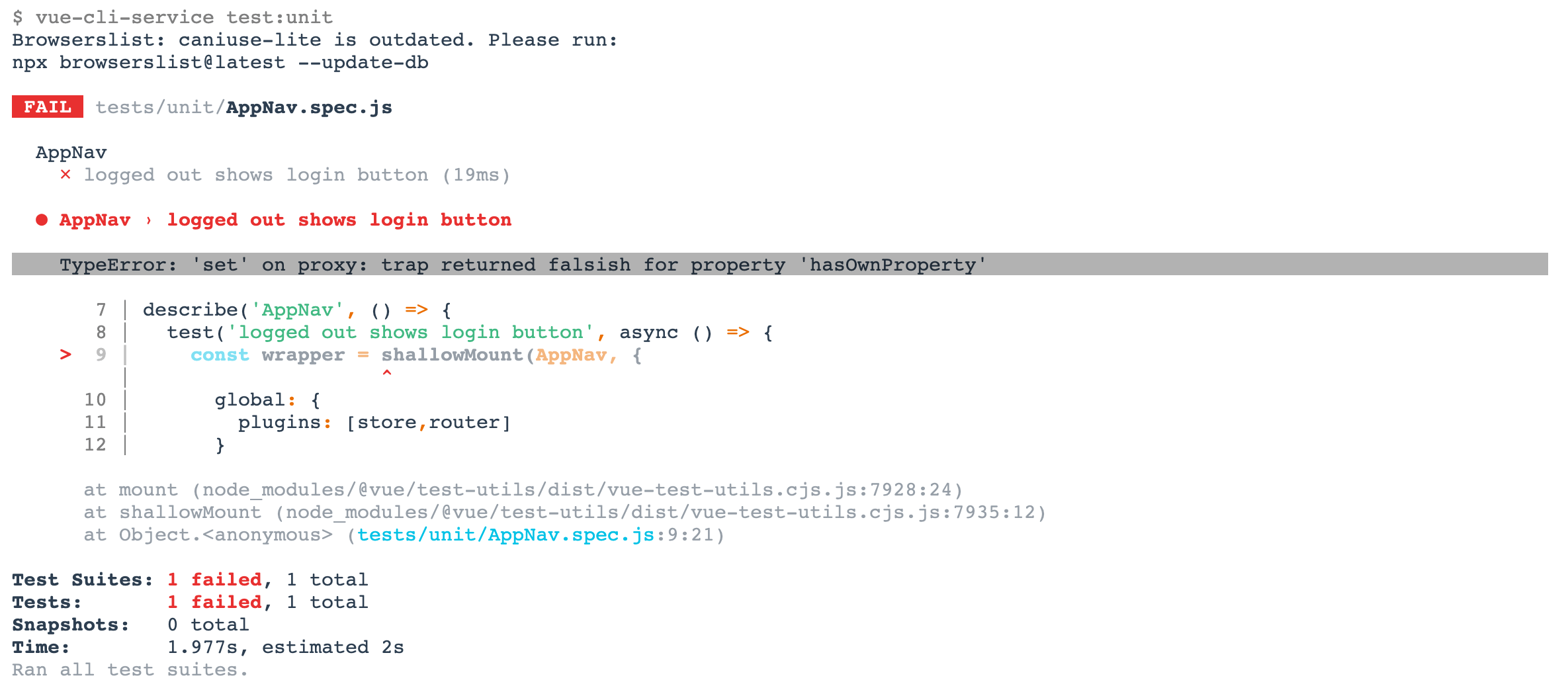 javascript Jest vue.js unit test throws TypeError 'set' on proxy