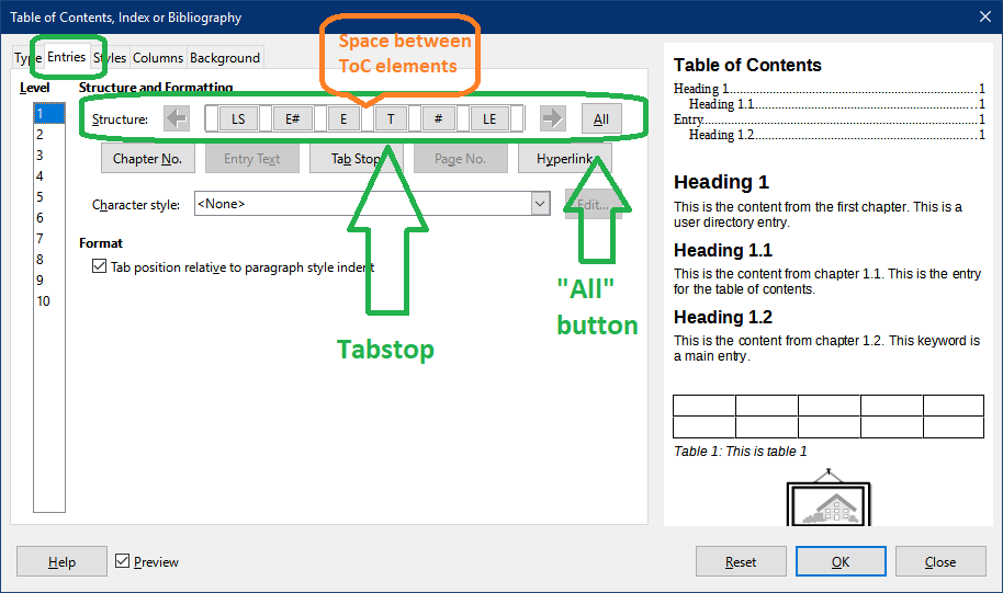 libreoffice Table of Contents page numbers separated using fixed number of spaces Super User