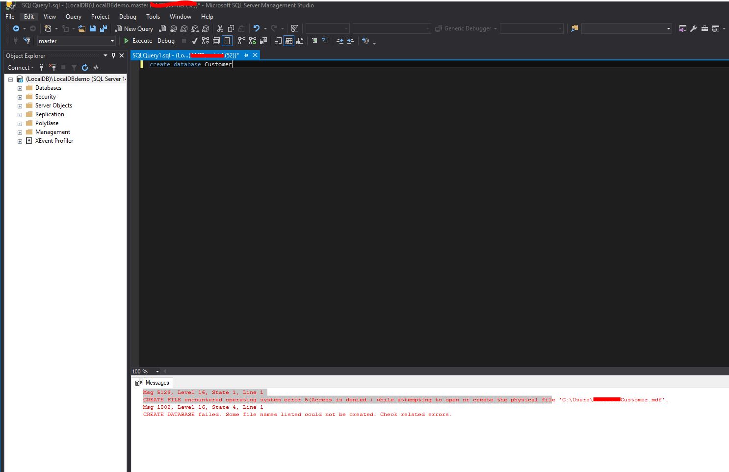 ssms Why does SQL Server Mgmt Studio 17.9 save MDF to C\Users? Error