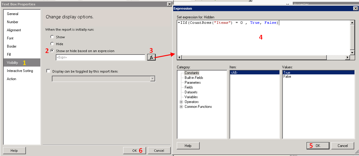 reporting services How do I set the visibility of a text box in SSRS