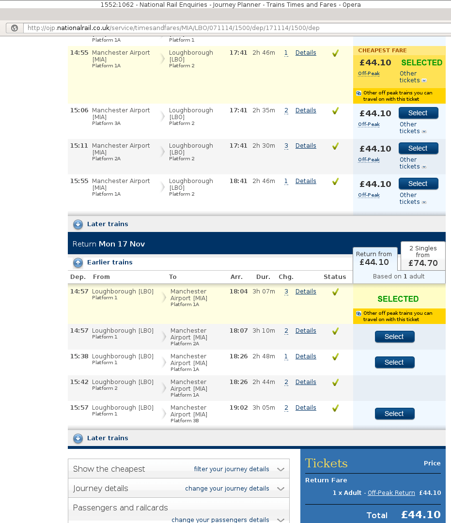 UK train, ticket price for a single journey is the same price as a