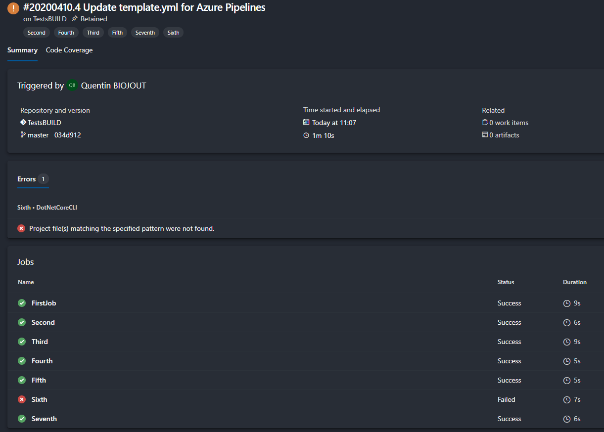 yaml Azure Devops pipeline finish with warning badge when a job