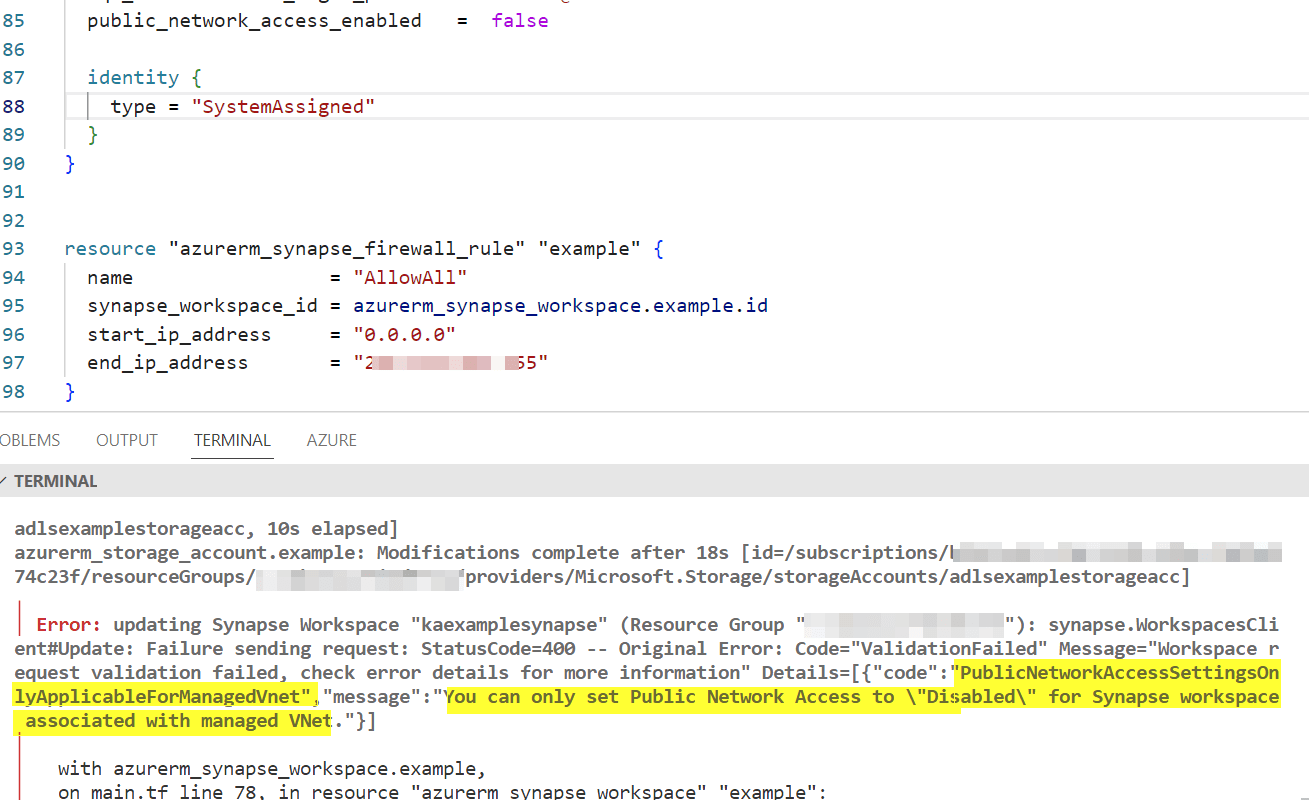 terraform Create firewalls for Azure Synapse Workspace when Public Network Access is Disabled
