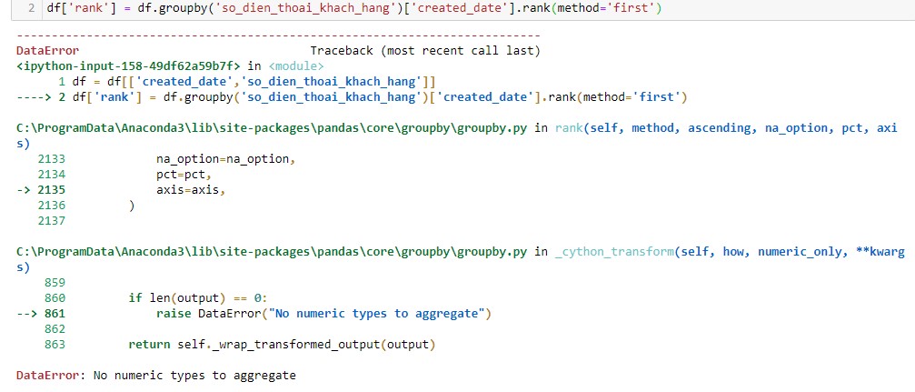 python DataError No numeric types to aggregate when using groupby