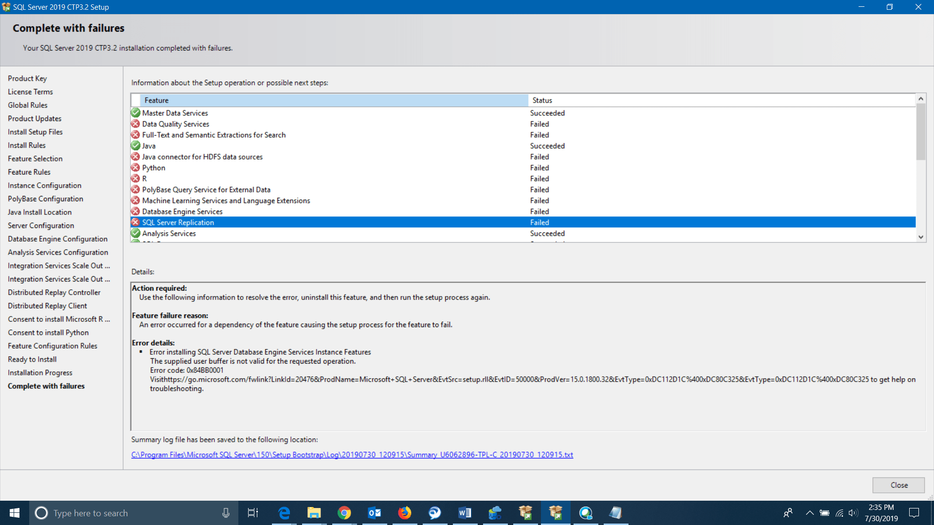 SQL Server 2019 installation failure The supplied user buffer is not