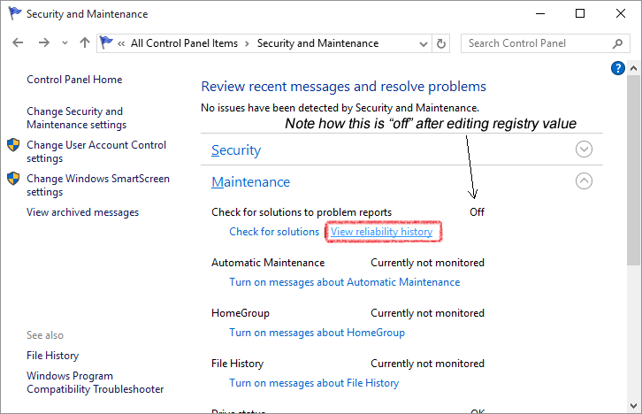 Turn Security and Maintenance Messages Off or On in Windows.
