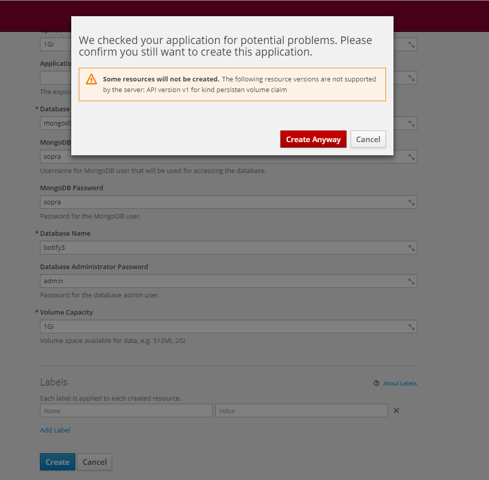 Error while creating projects using openshift templates