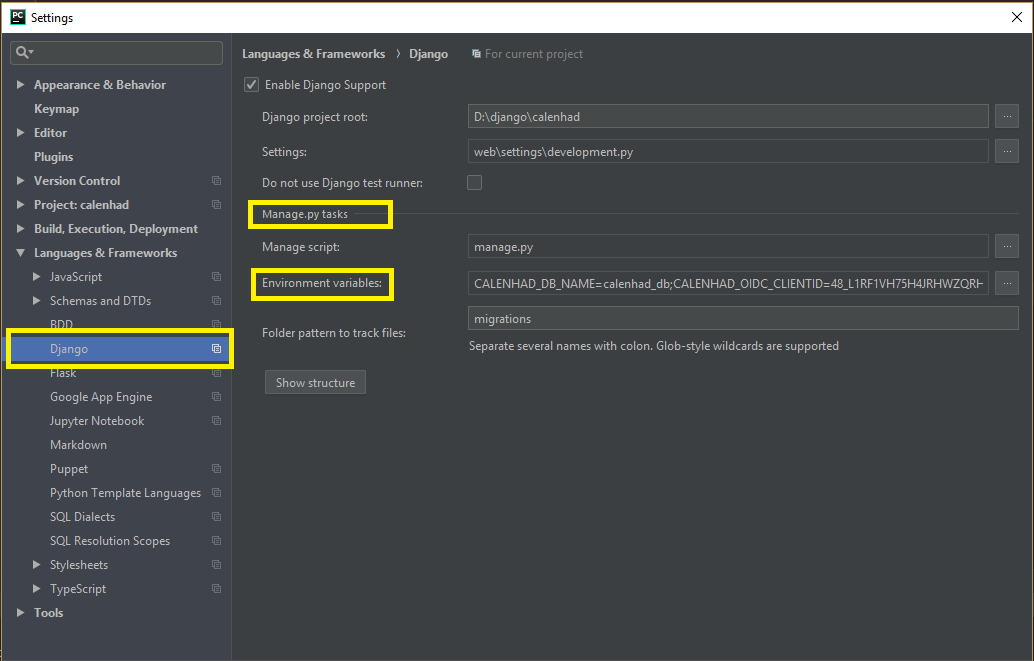 python Pycharm set environment variable for run manage.py Task