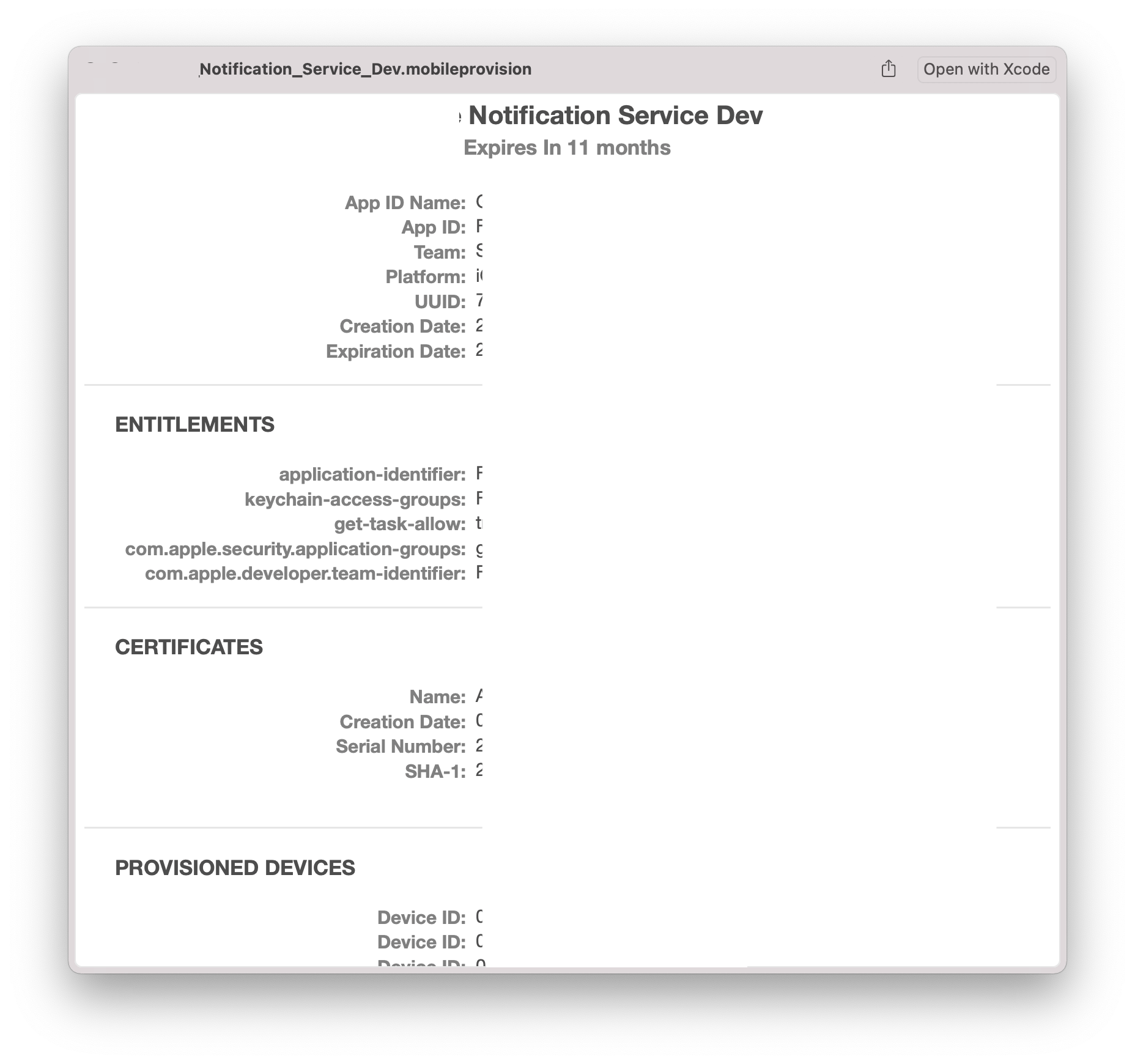 swift Provisioning profiles for Service Extension and Content